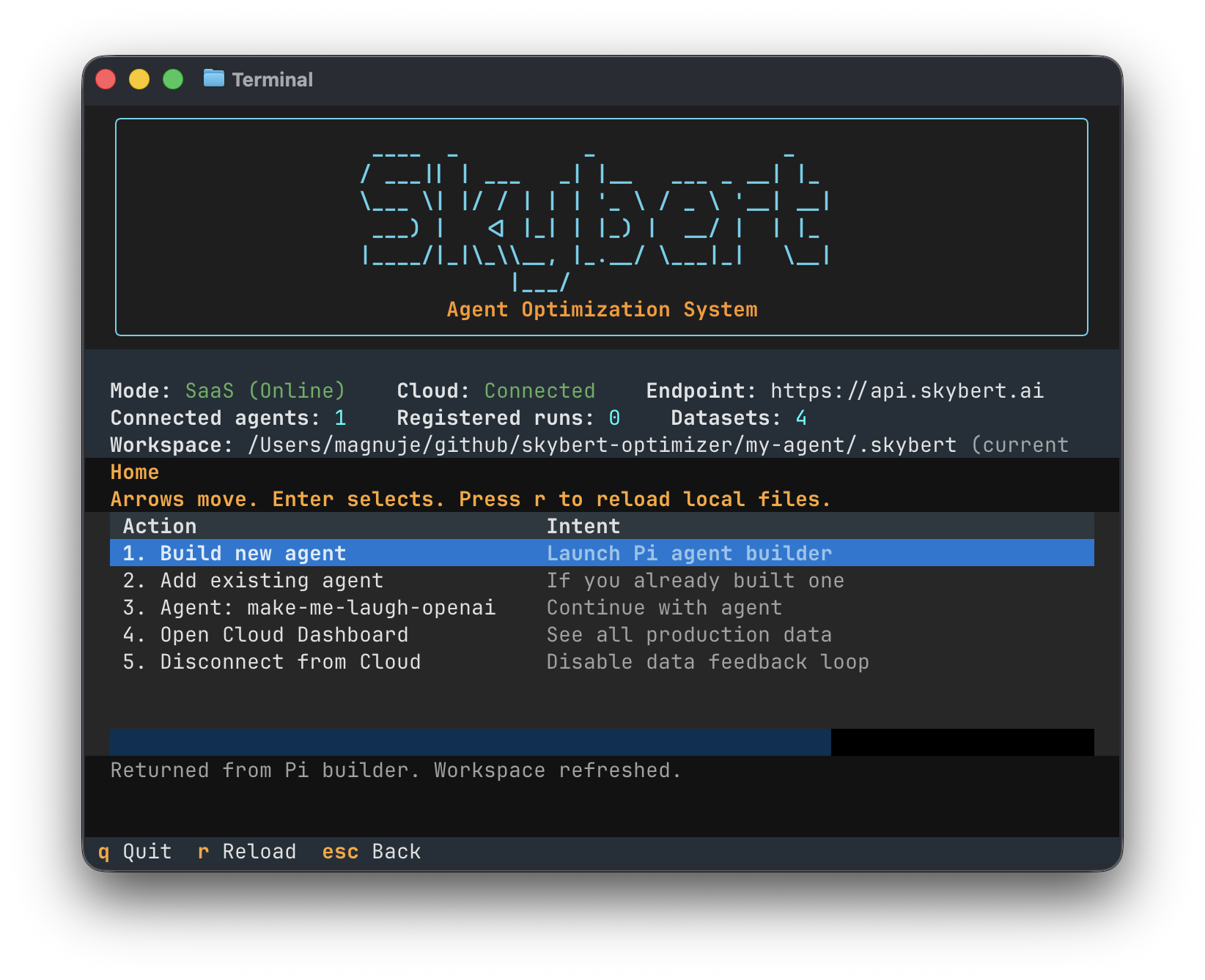 Skybert fullscreen workspace with Build new agent selected